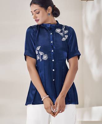 Blue floral hand work silk top 2
