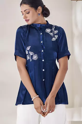 Blue floral hand work silk top