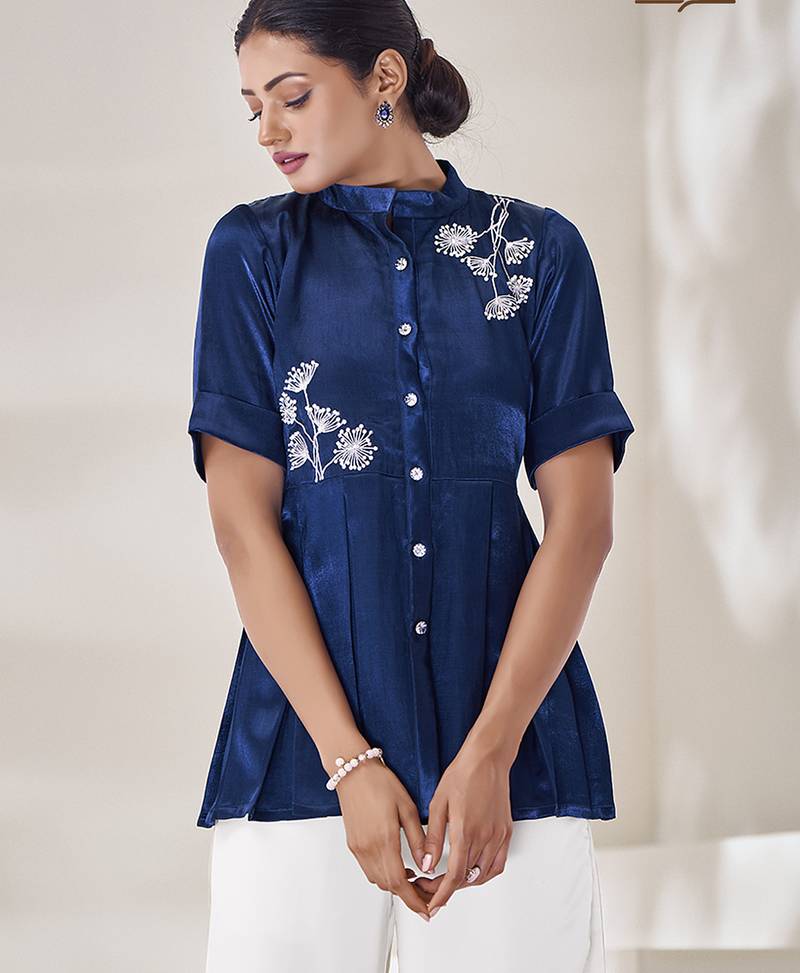 Blue floral hand work silk top