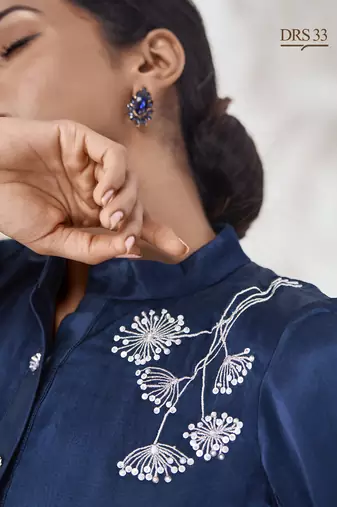 Blue floral hand work silk top