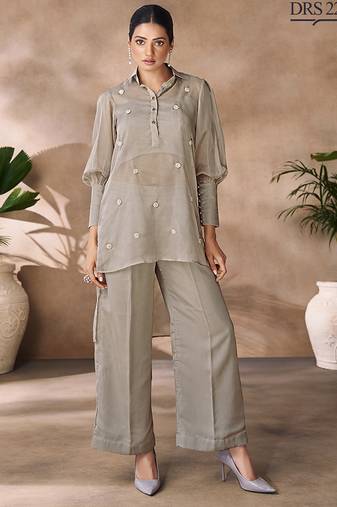 Green hand-embroidered organza co-ord set