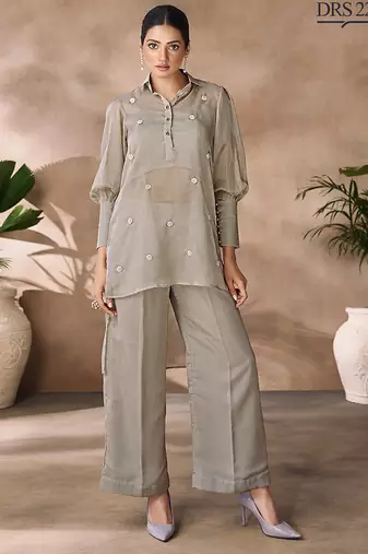 Green hand-embroidered organza co-ord set
