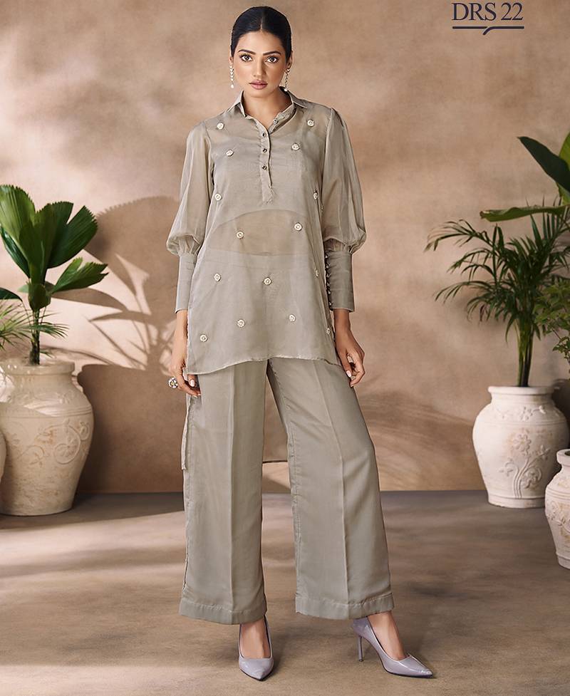 Green hand-embroidered organza co-ord set