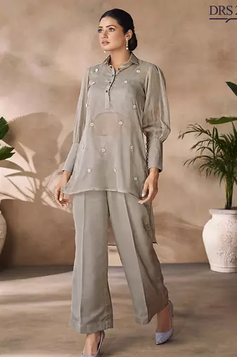 Green hand-embroidered organza co-ord set