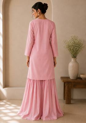 Pink cotton plain casual kurta set with dupatta for women 2