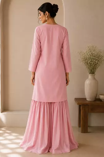 Pink cotton plain casual kurta set with dupatta for women