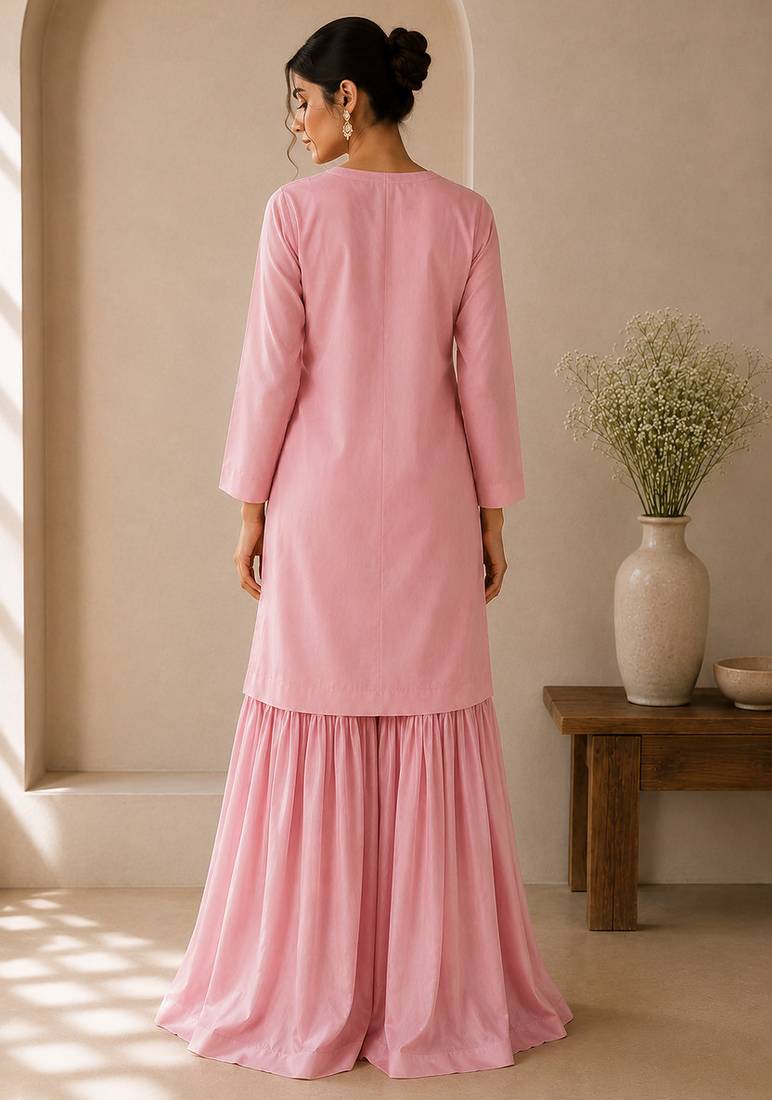Pink cotton plain casual kurta set with dupatta for women