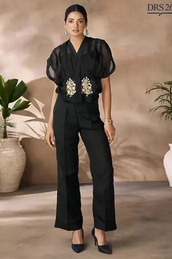 Chic black handworked top trousers set