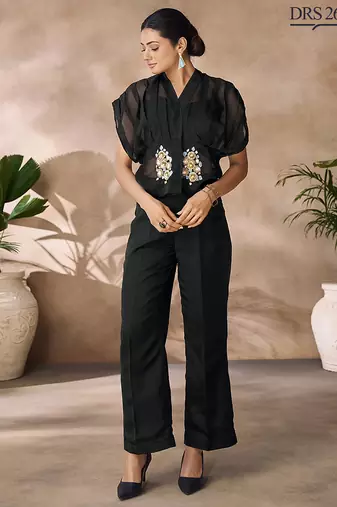 Chic black handworked top trousers set