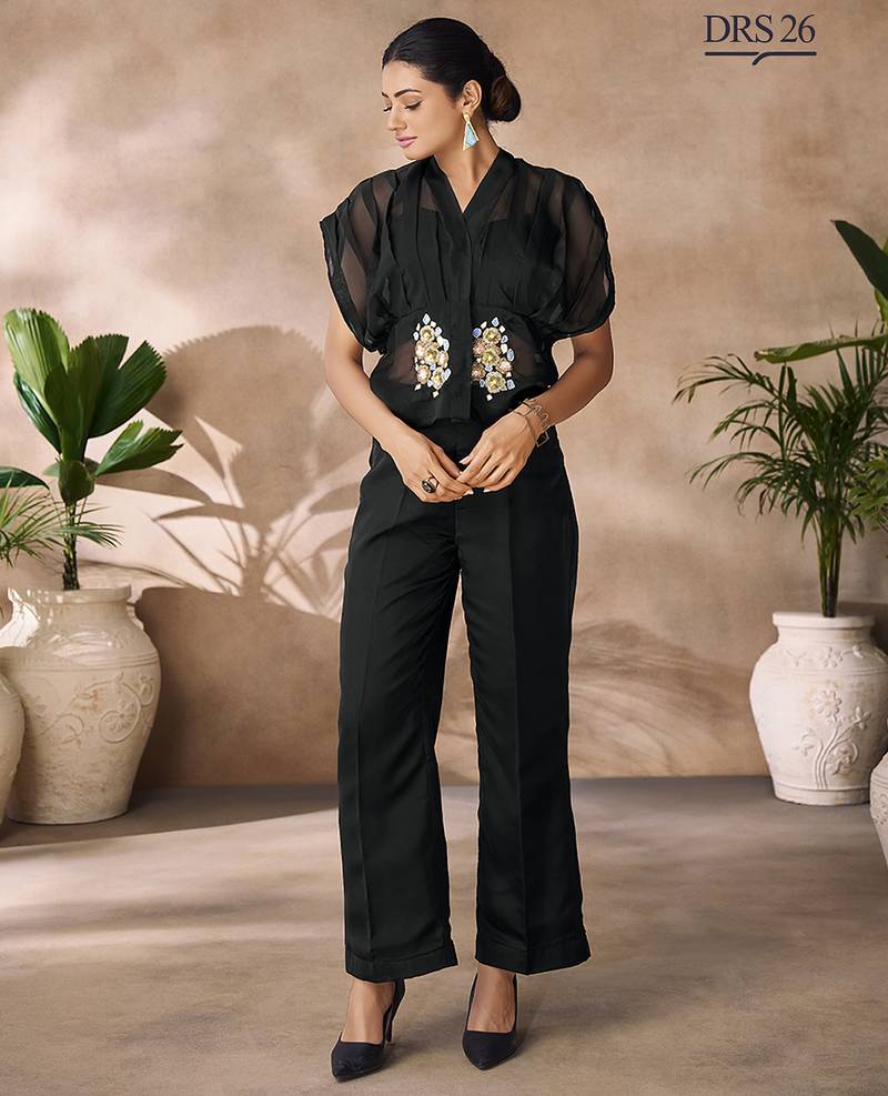 Chic black handworked top trousers set
