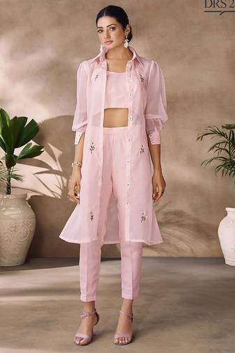 Elegant pink organza co-ord set with embroidered long jacket