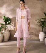 Elegant pink organza co-ord set with embroidered long jacket