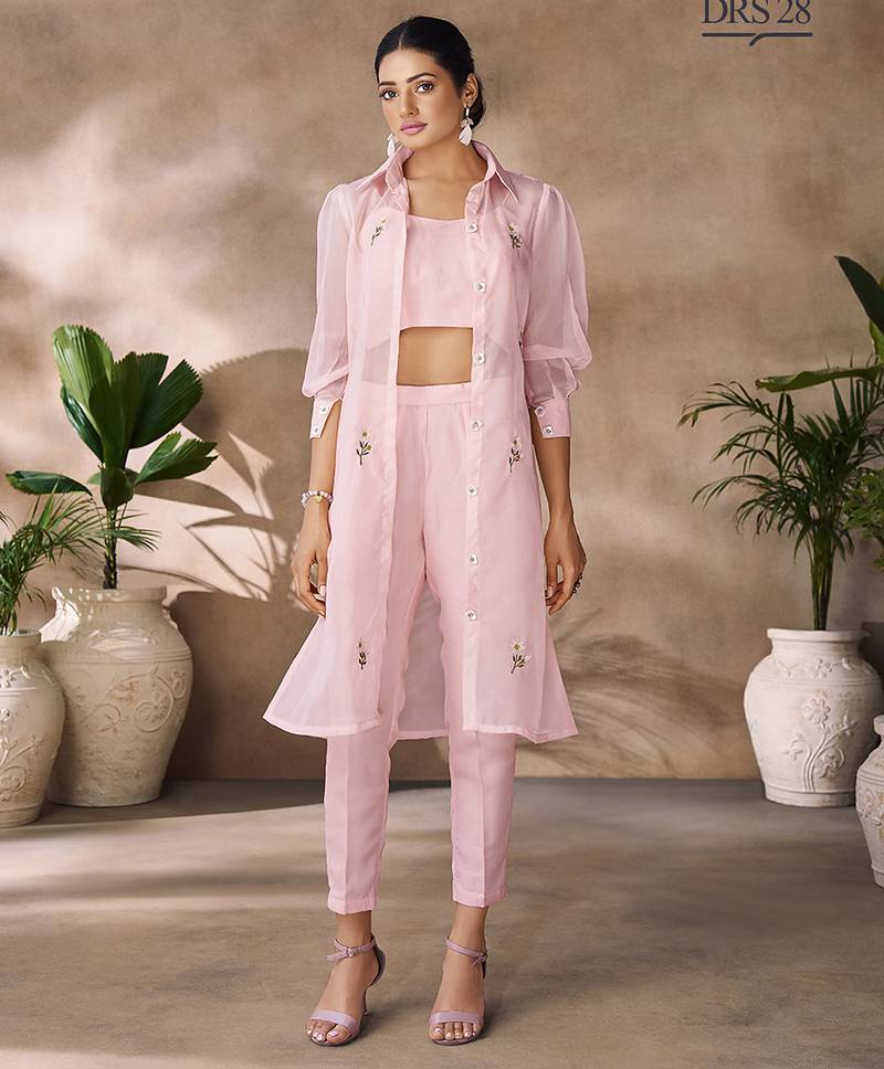 Elegant pink organza co-ord set with embroidered long jacket