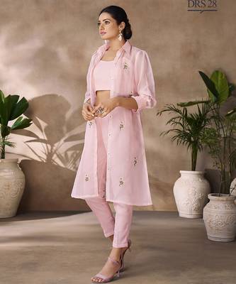 Elegant pink organza co-ord set with embroidered long jacket 2