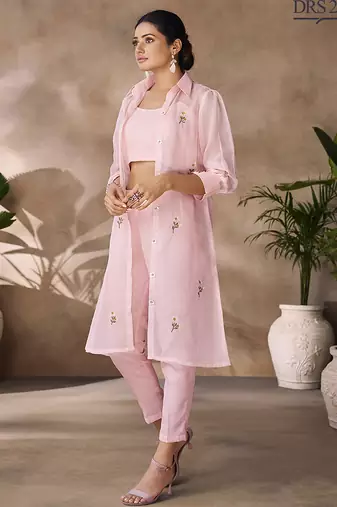 Elegant pink organza co-ord set with embroidered long jacket