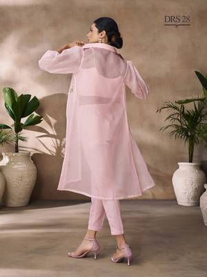 Elegant pink organza co-ord set with embroidered long jacket 3