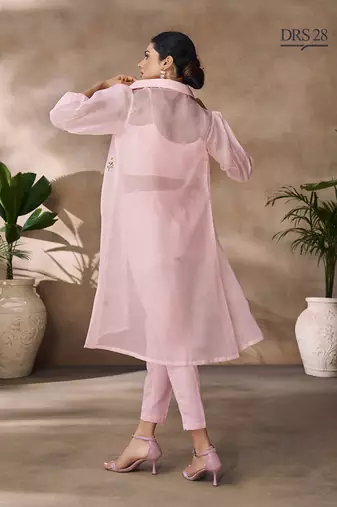 Elegant pink organza co-ord set with embroidered long jacket