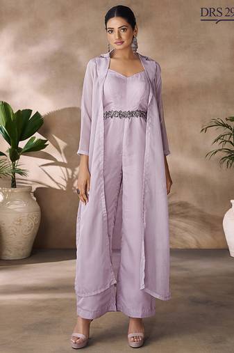 Lavender organza co-ord set with belted waist detailing