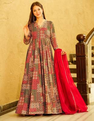 Red rayon digital print anarkali gown with dupatta set 1