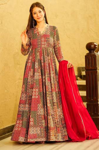 Red rayon digital print anarkali gown with dupatta set