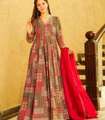 Red rayon digital print anarkali gown with dupatta set