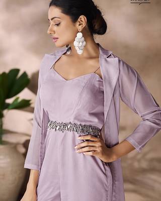 Lavender organza co-ord set with belted waist detailing 4