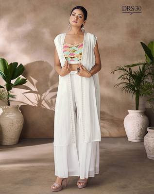 Hand-embroidered beaded crop top with flowy palazzo & sheer cape 1