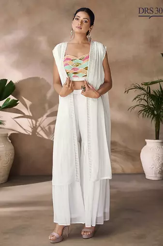 Hand-embroidered beaded crop top with flowy palazzo & sheer cape