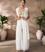 Hand-embroidered beaded crop top with flowy palazzo & sheer cape