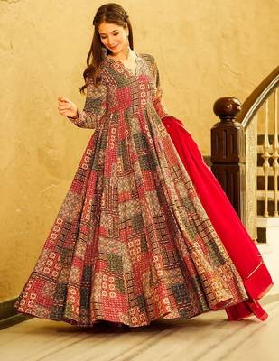 Red rayon digital print anarkali gown with dupatta set 2