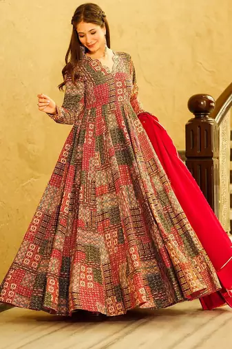 Red rayon digital print anarkali gown with dupatta set