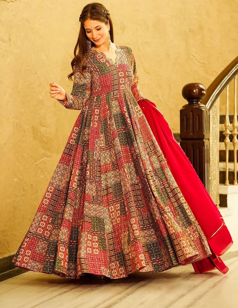 Red rayon digital print anarkali gown with dupatta set