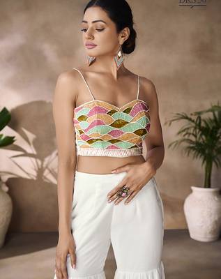 Hand-embroidered beaded crop top with flowy palazzo & sheer cape 2