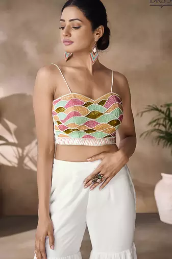 Hand-embroidered beaded crop top with flowy palazzo & sheer cape