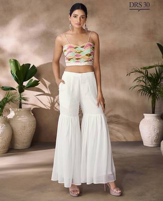 Hand-embroidered beaded crop top with flowy palazzo & sheer cape 3