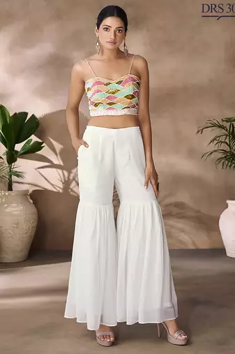 Hand-embroidered beaded crop top with flowy palazzo & sheer cape