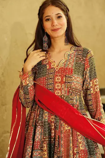Red rayon digital print anarkali gown with dupatta set