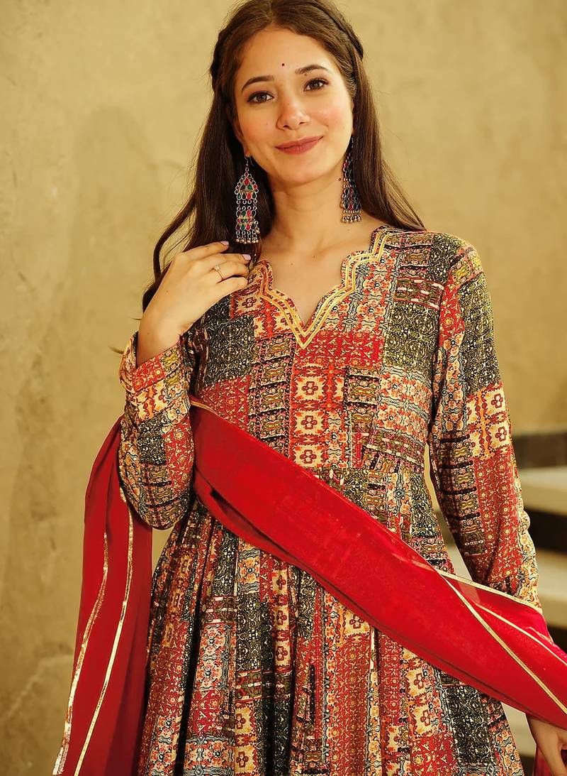 Red rayon digital print anarkali gown with dupatta set