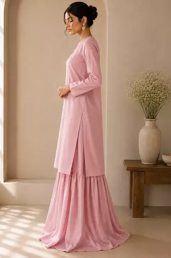 Pink cotton plain casual kurta set with dupatta for women
