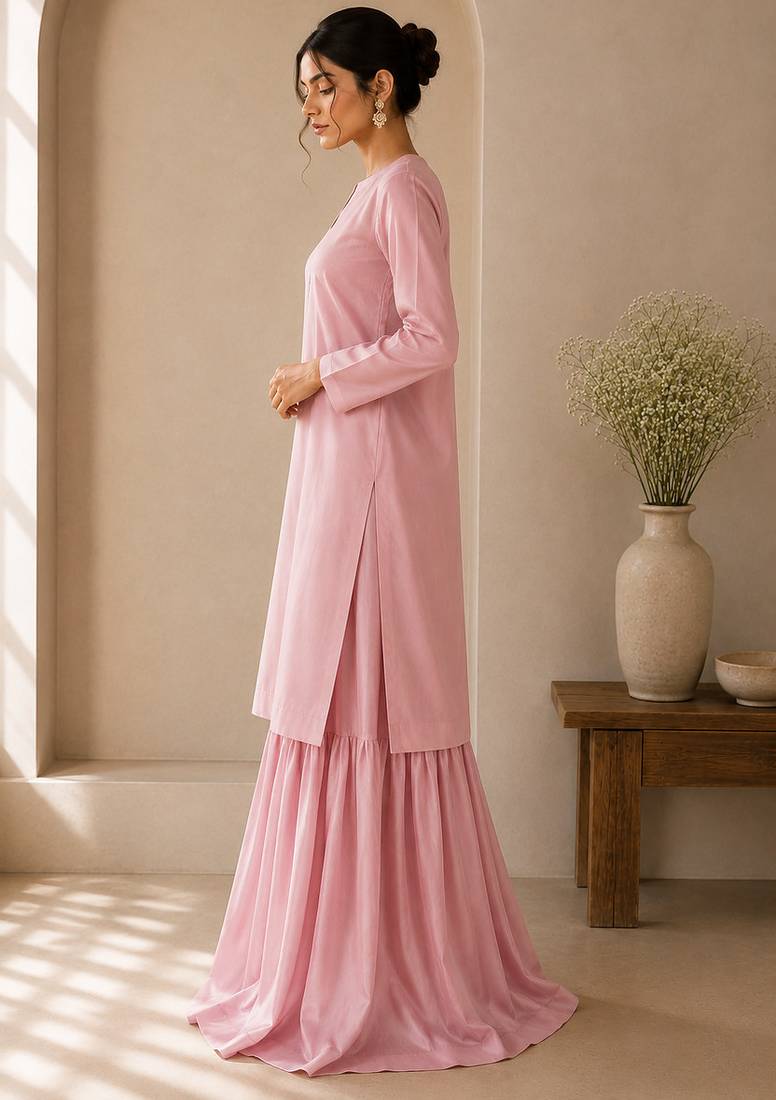 Pink cotton plain casual kurta set with dupatta for women
