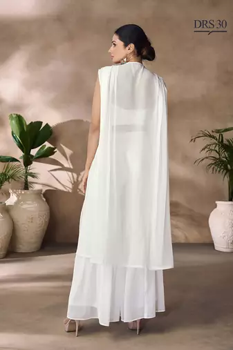 Hand-embroidered beaded crop top with flowy palazzo & sheer cape