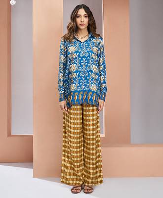 Blue yellow printed co-ord set for women 1