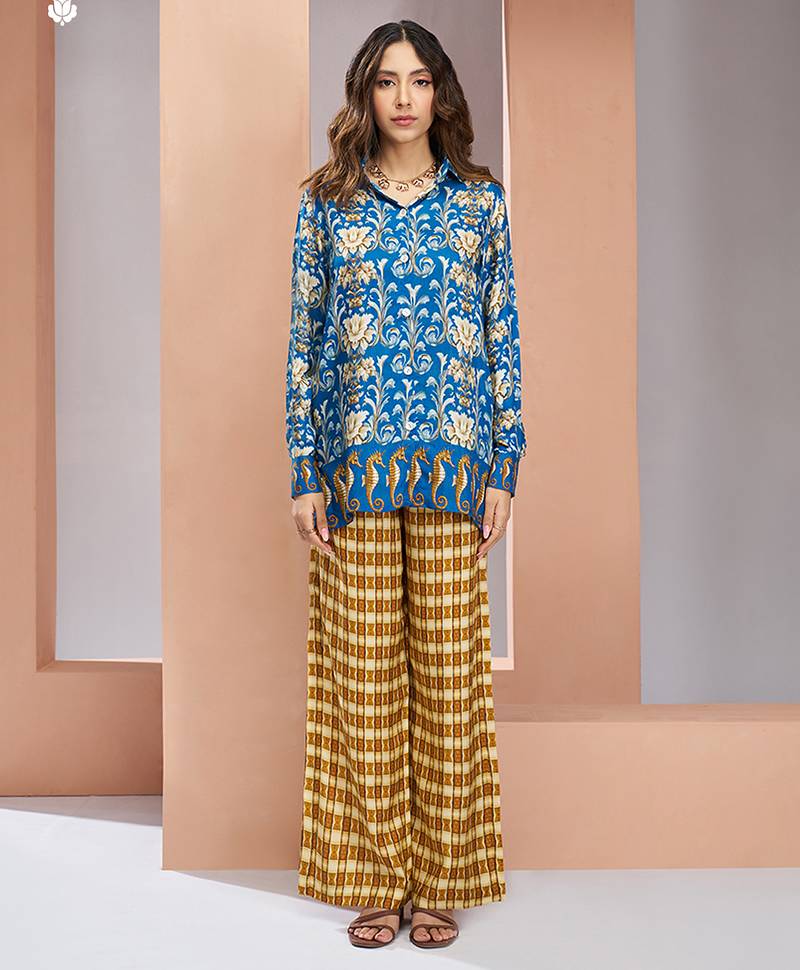 Blue yellow printed co-ord set for women