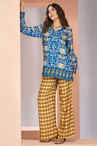 Blue yellow printed co-ord set for women
