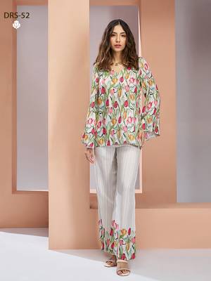 Elegant white floral printed co-ord set with stylish tulip motif 1