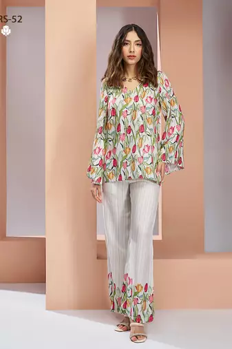Elegant white floral printed co-ord set with stylish tulip motif