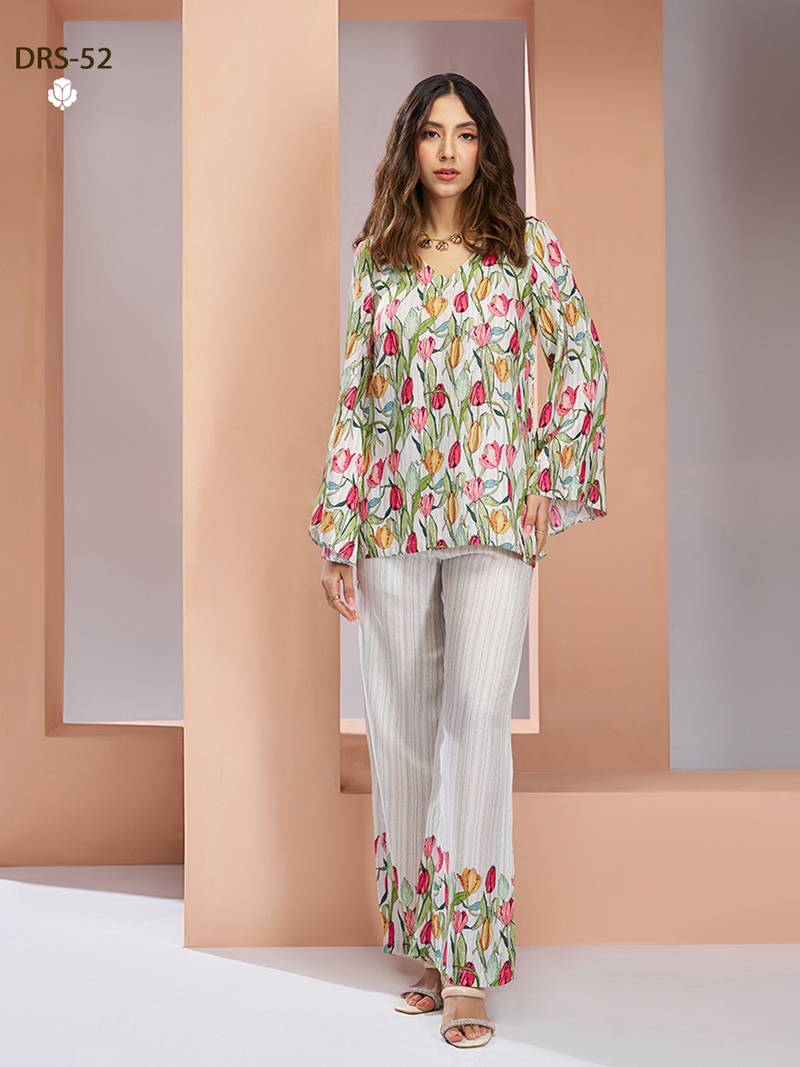 Elegant white floral printed co-ord set with stylish tulip motif