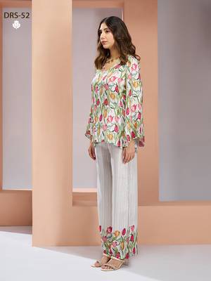 Elegant white floral printed co-ord set with stylish tulip motif 2