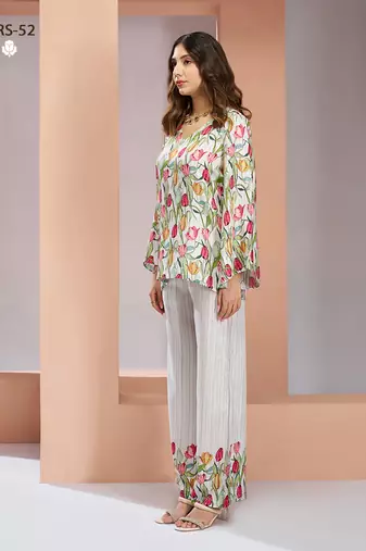 Elegant white floral printed co-ord set with stylish tulip motif