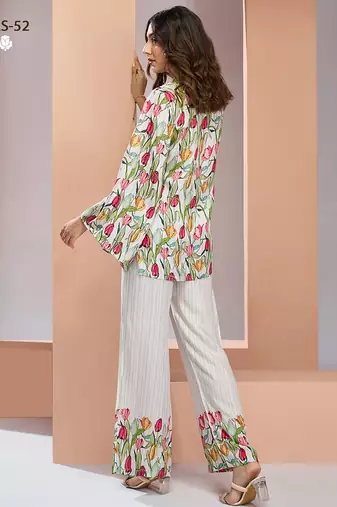 Elegant white floral printed co-ord set with stylish tulip motif